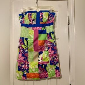 Lilly Pulitzer Strapless Tube Corset Lined Multicolor Patchwork Dress Size 4